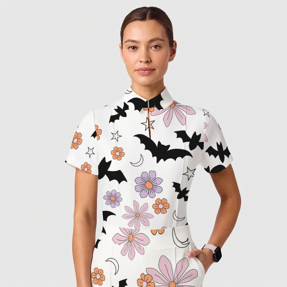 Women's Casual Shirt Collar Halloween Printed Scrub Set SJ9177