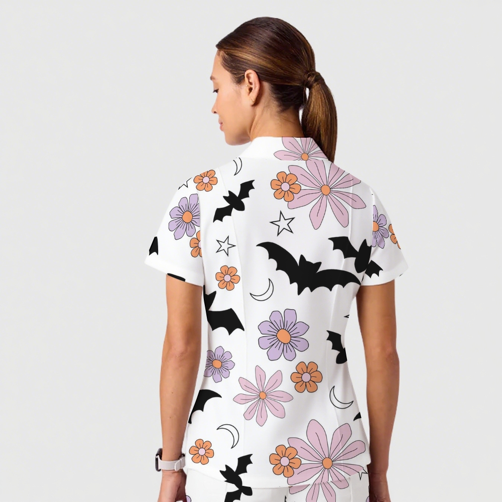 Women's Casual Shirt Collar Halloween Printed Scrub Set SJ9177