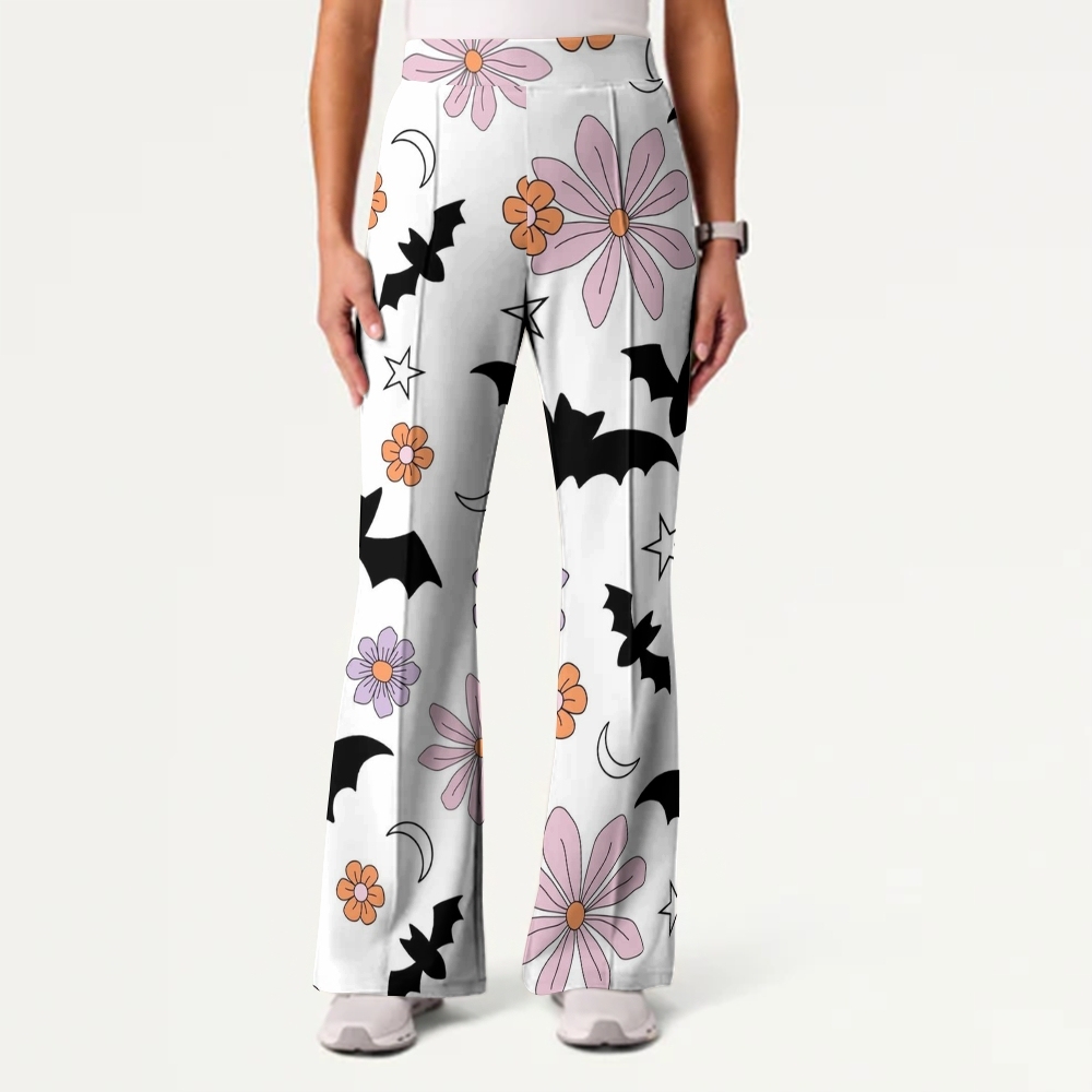 Women's Casual Shirt Collar Halloween Printed Scrub Set SJ9177