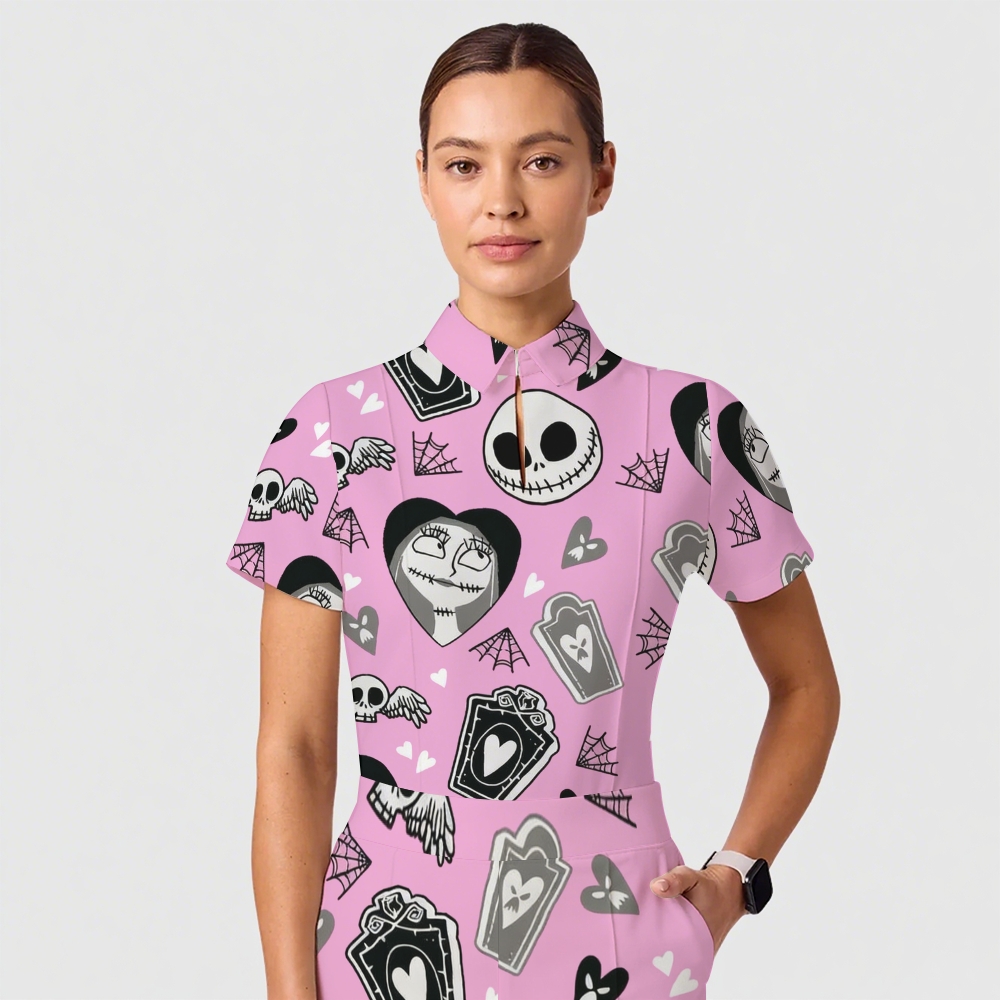 Women's Casual Shirt Collar Halloween Printed Scrub Set SJ9178