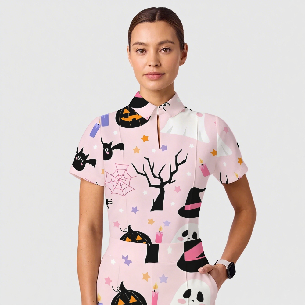 Women's Casual Shirt Collar Halloween Printed Scrub Set SJ9179