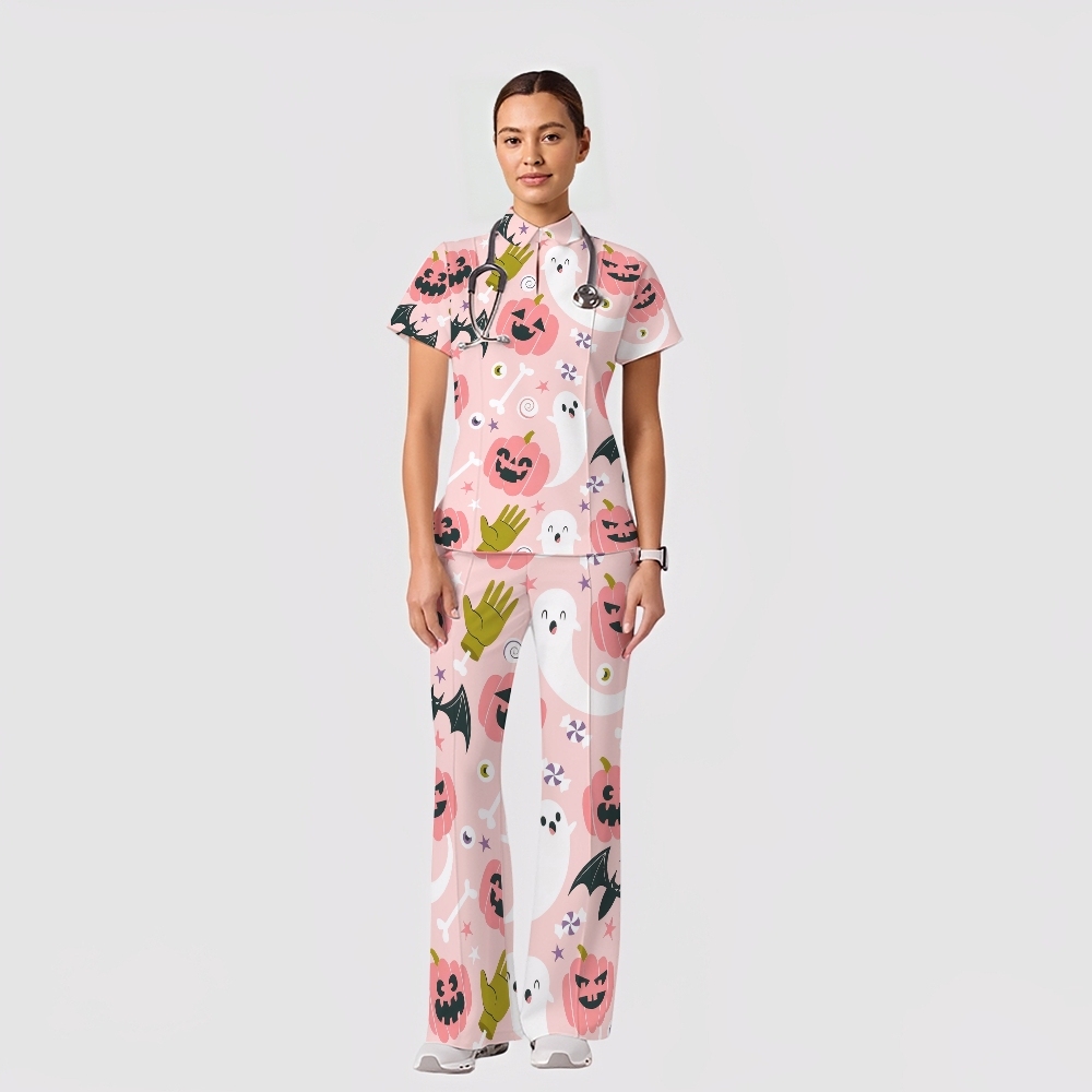 Women's Casual Shirt Collar Halloween Printed Scrub Set SJ91710