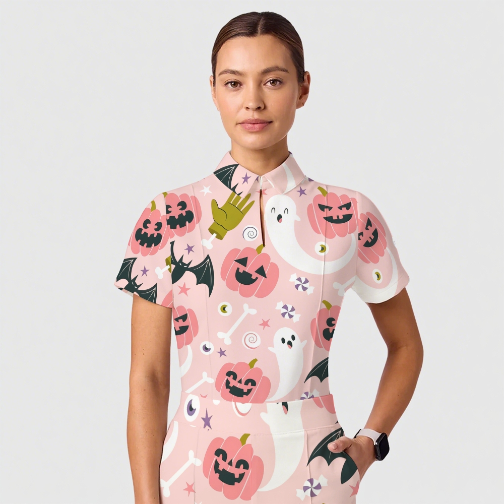 Women's Casual Shirt Collar Halloween Printed Scrub Set SJ91710
