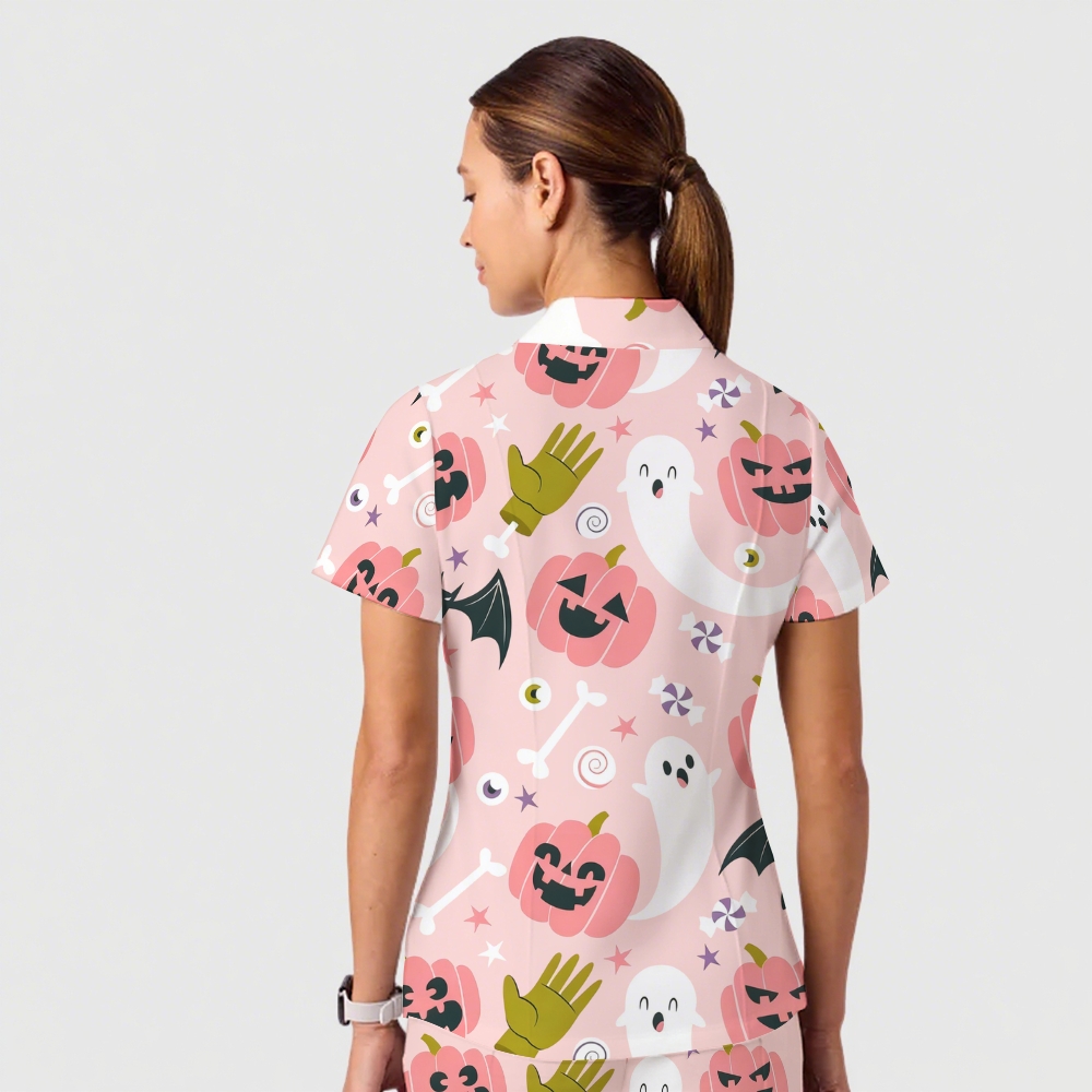 Women's Casual Shirt Collar Halloween Printed Scrub Set SJ91710