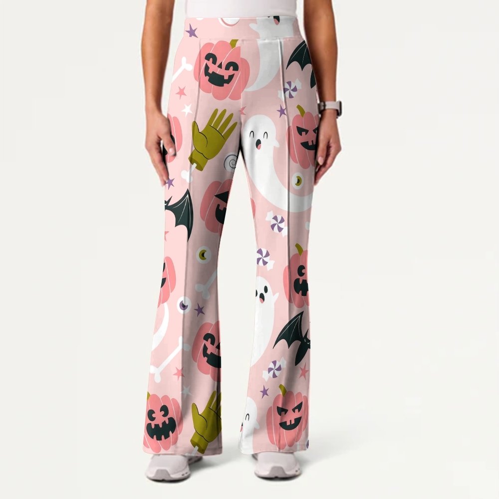 Women's Casual Shirt Collar Halloween Printed Scrub Set SJ91710