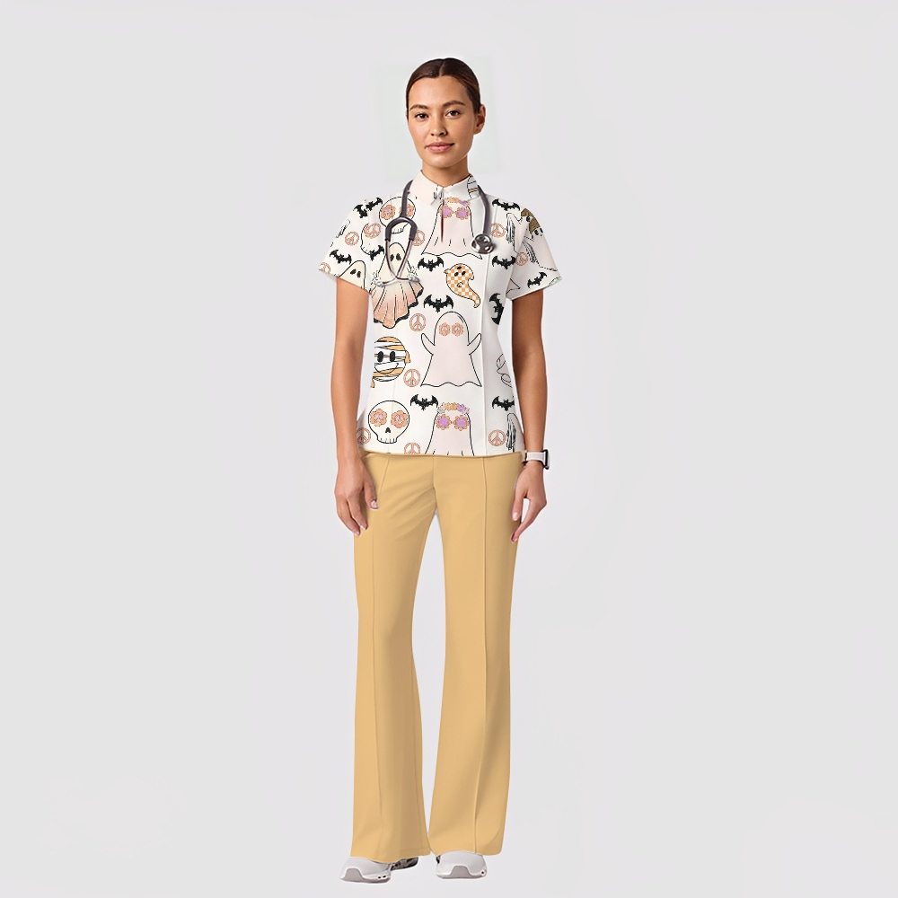 Women's Casual Shirt Collar Halloween Printed Scrub Set SJ91712