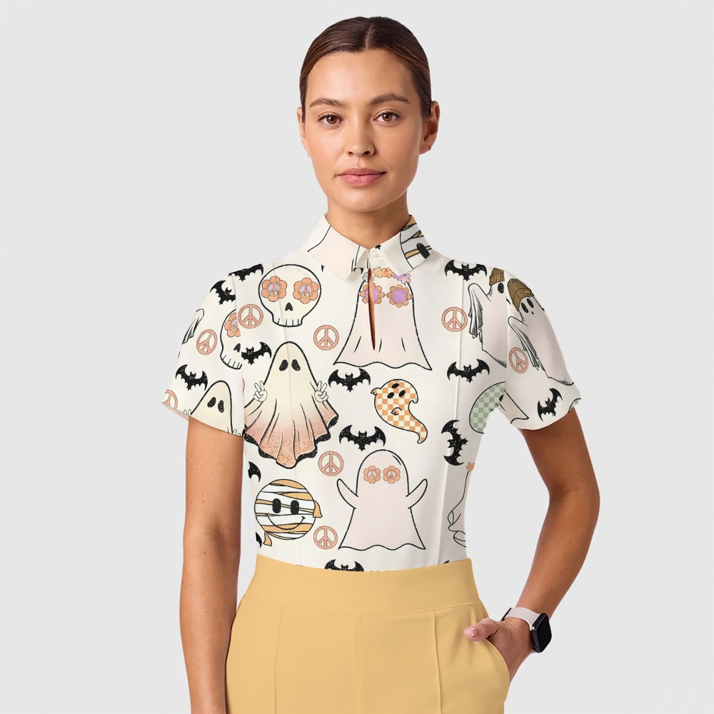 Women's Casual Shirt Collar Halloween Printed Scrub Set SJ91712