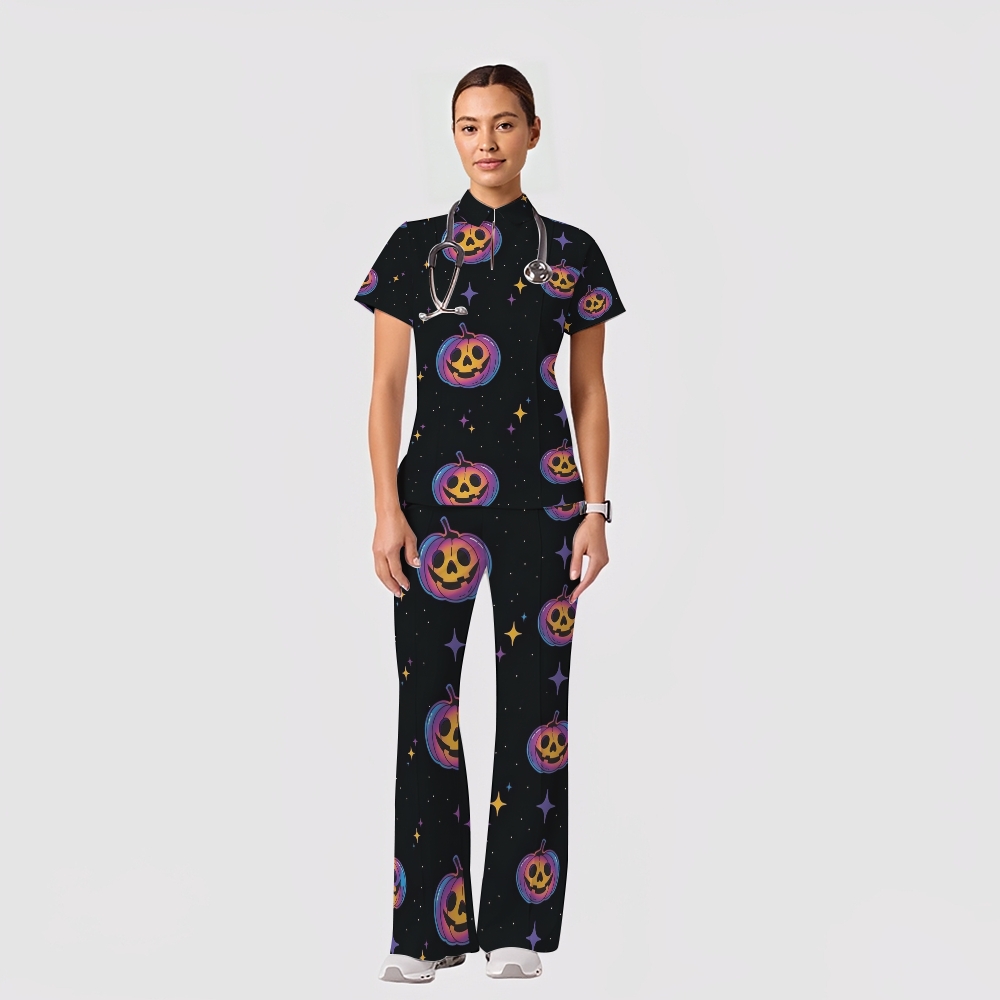 Women's Casual Shirt Collar Halloween Printed Scrub Set SJ91713