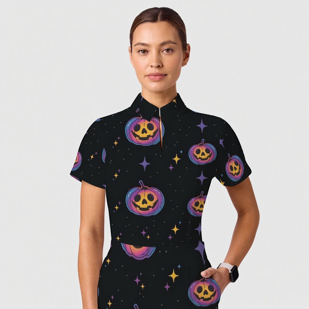 Women's Casual Shirt Collar Halloween Printed Scrub Set SJ91713