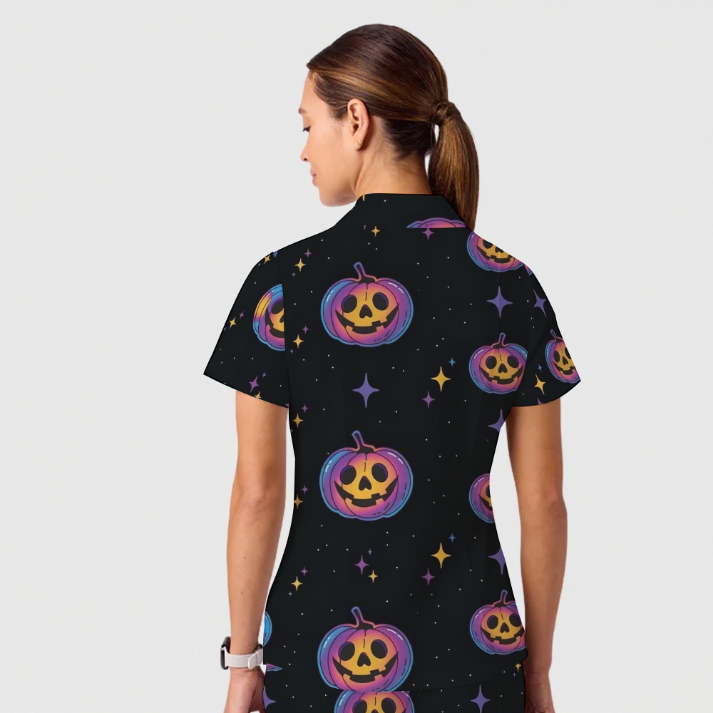 Women's Casual Shirt Collar Halloween Printed Scrub Set SJ91713