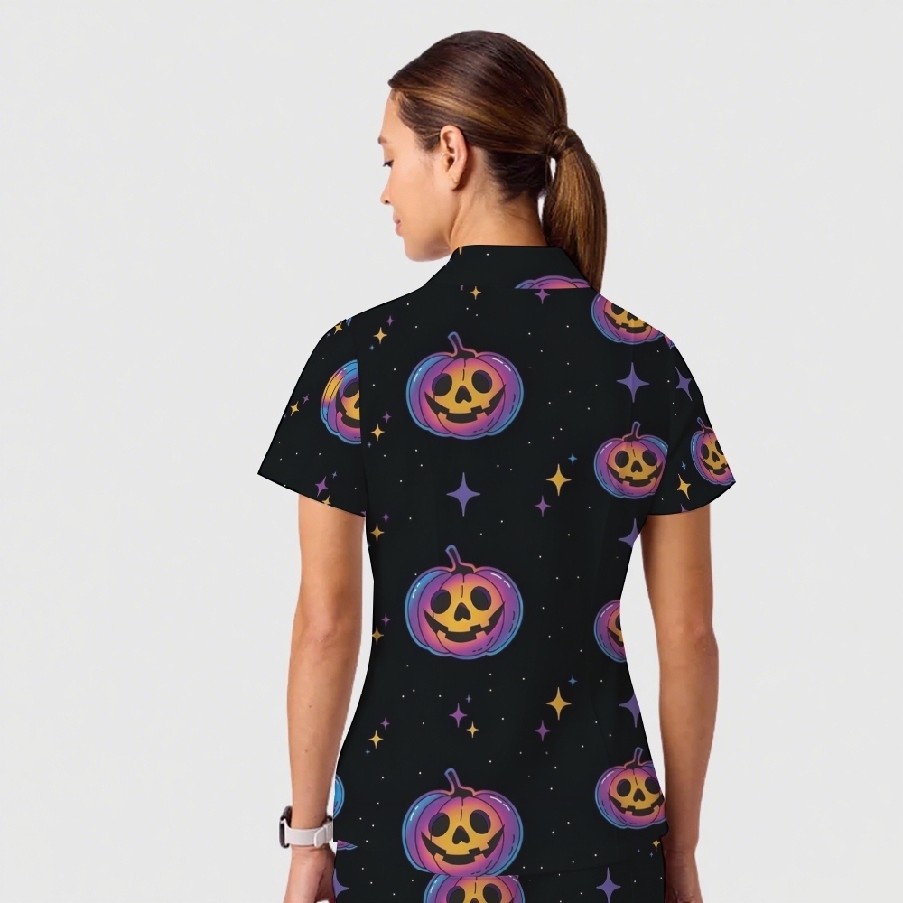 Women's Casual Shirt Collar Halloween Printed Scrub Set SJ91713