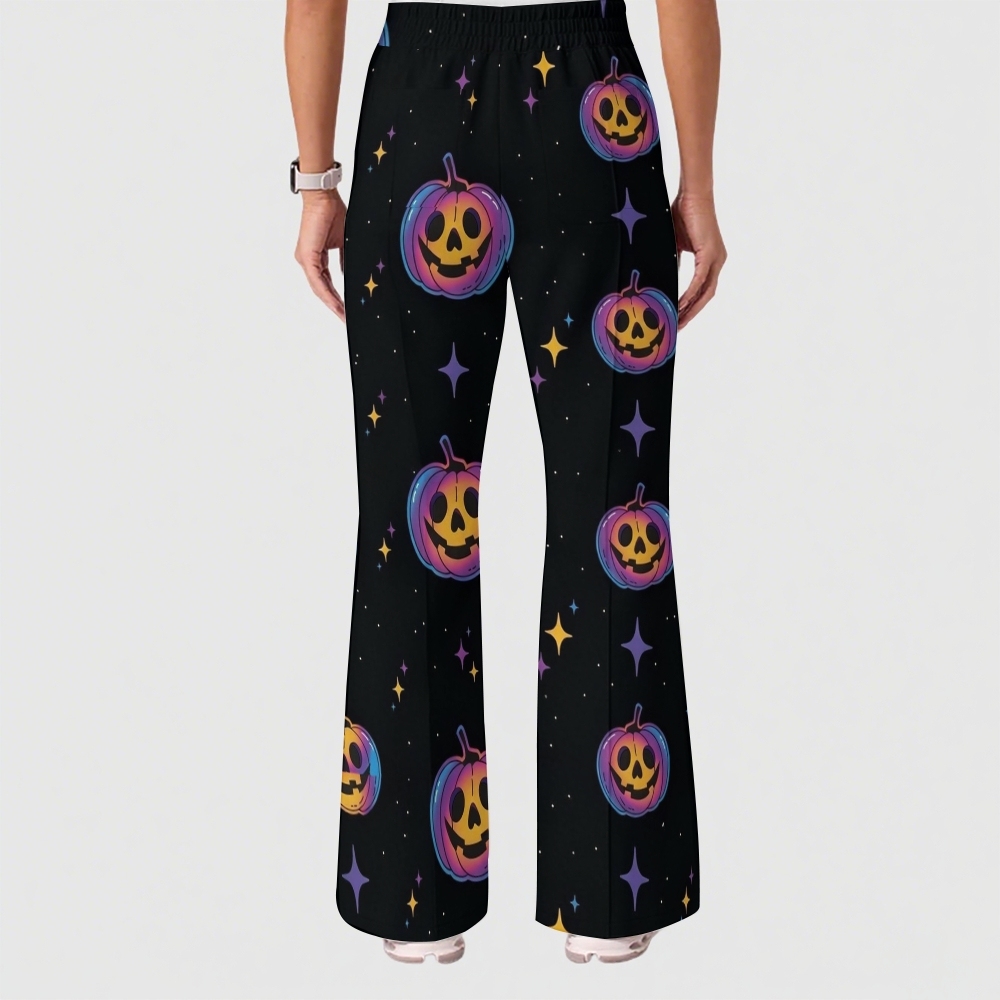 Women's Casual Shirt Collar Halloween Printed Scrub Set SJ91713
