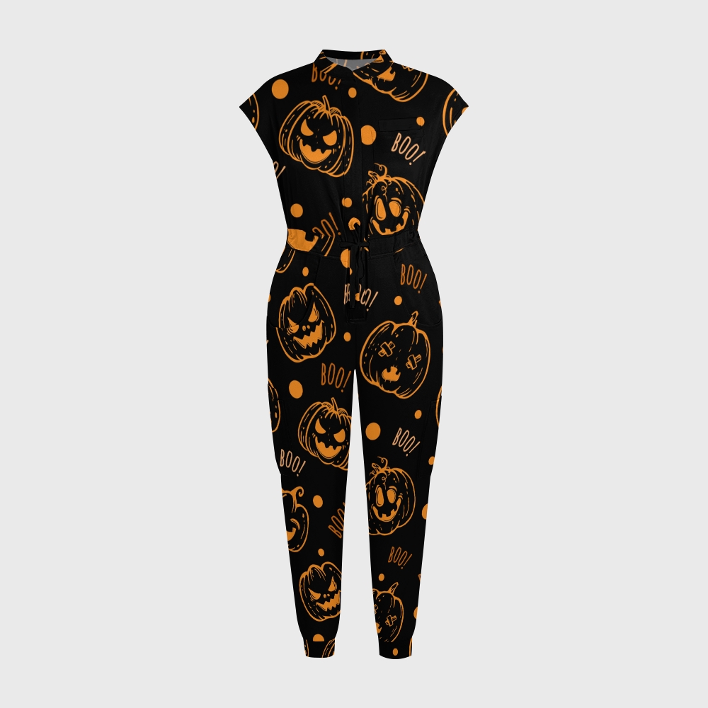 Women's Twelve Pockets Jogger Halloween Printed Scrub Jumpsuit SJ9172