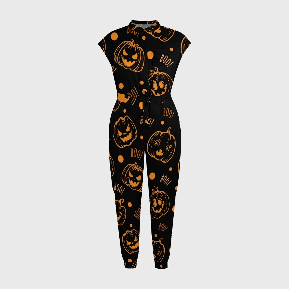Women's Twelve Pockets Jogger Halloween Printed Scrub Jumpsuit SJ9172