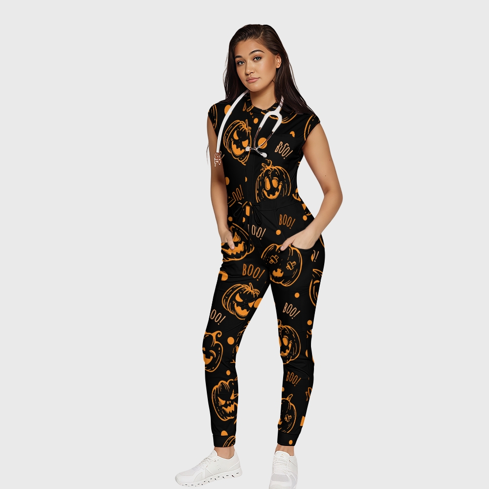 Women's Twelve Pockets Jogger Halloween Printed Scrub Jumpsuit SJ9172