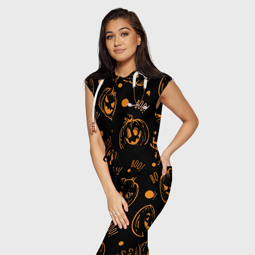 Women's Twelve Pockets Jogger Halloween Printed Scrub Jumpsuit SJ9172