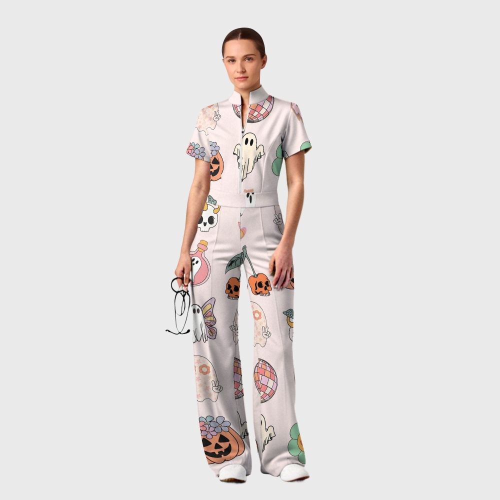 Women's Slim Fit Wide Leg Zip Neck Halloween Printed Scrub Jumpsuit SJ91739