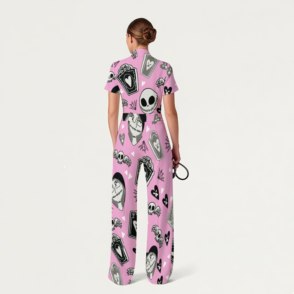 Women's Slim Fit Wide Leg Zip Neck Halloween Printed Scrub Jumpsuit SJ91740