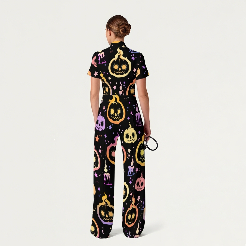 Women's Slim Fit Wide Leg Zip Neck Halloween Printed Scrub Jumpsuit SJ91741