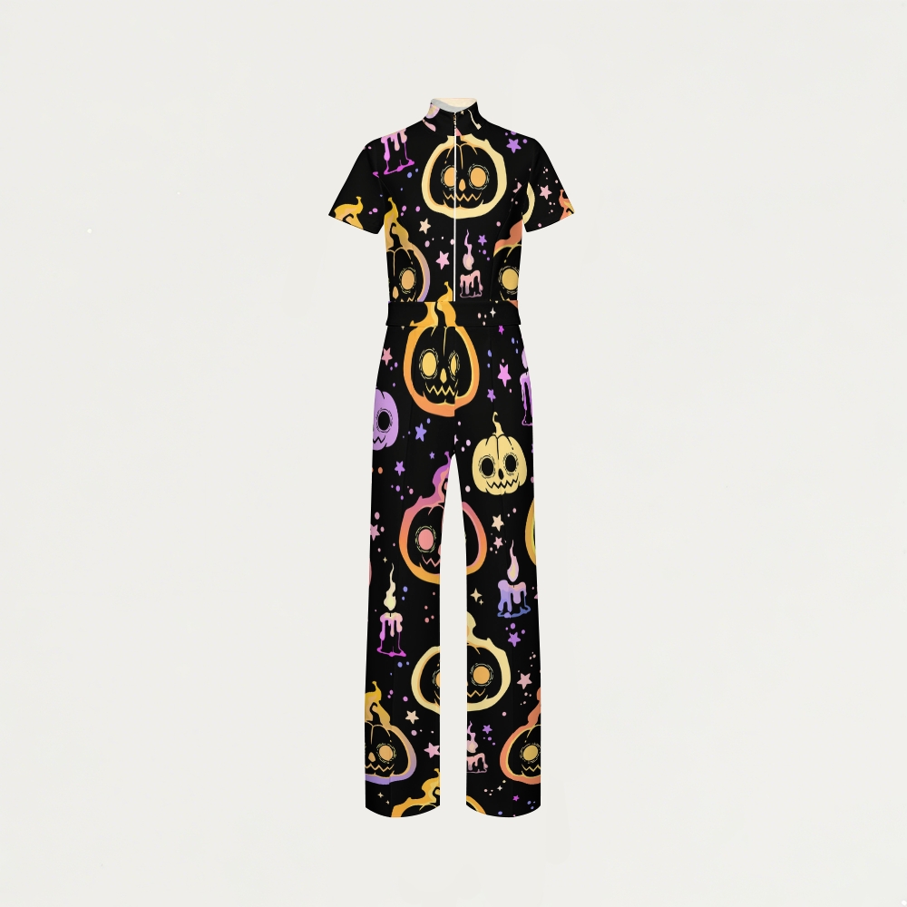 Women's Slim Fit Wide Leg Zip Neck Halloween Printed Scrub Jumpsuit SJ91741