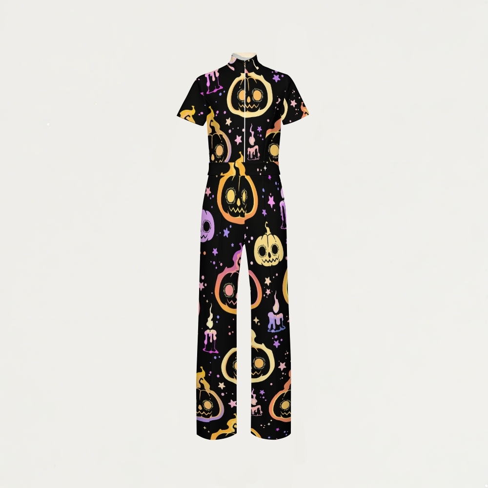 Women's Slim Fit Wide Leg Zip Neck Halloween Printed Scrub Jumpsuit SJ91741