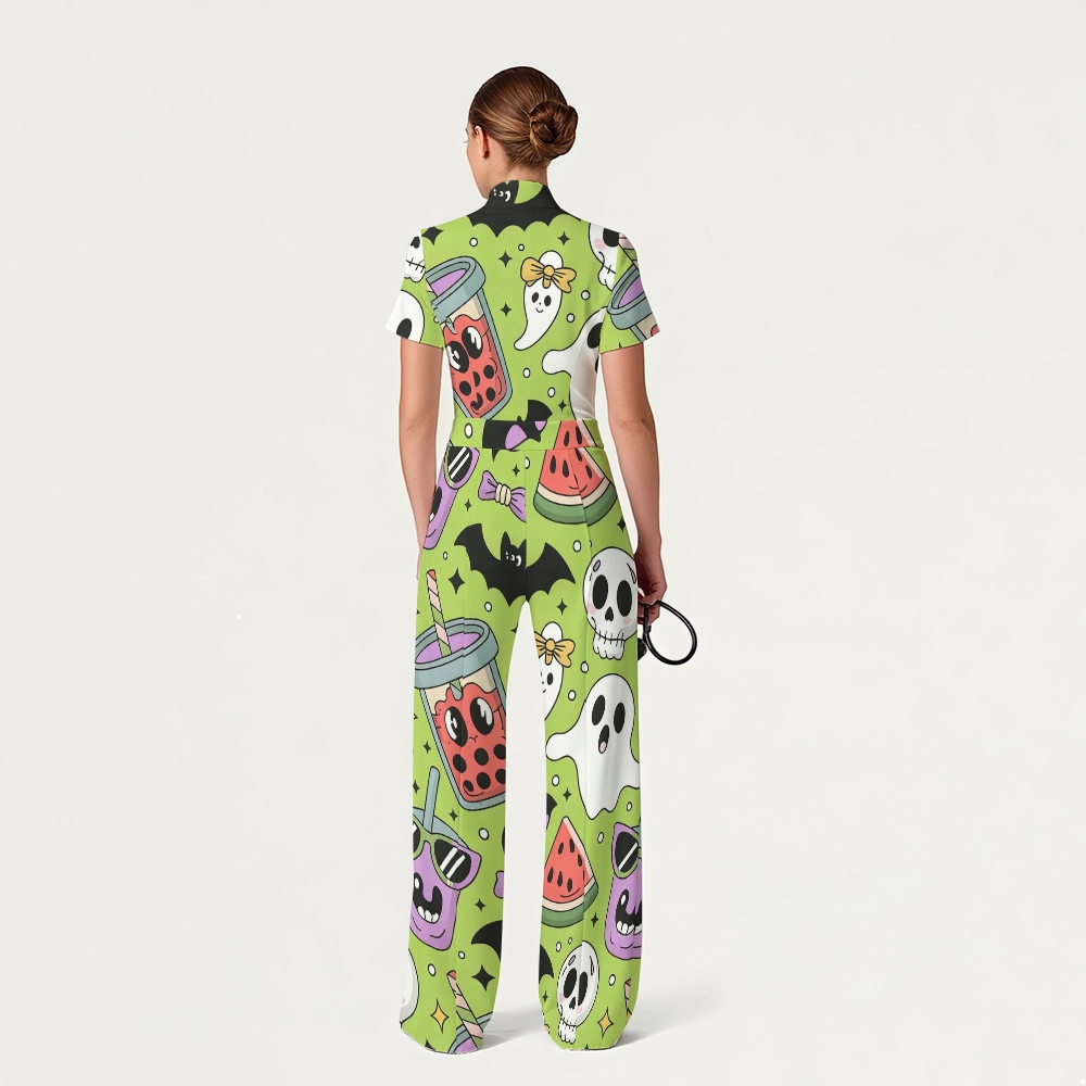 Women's Slim Fit Wide Leg Zip Neck Halloween Printed Scrub Jumpsuit SJ91742