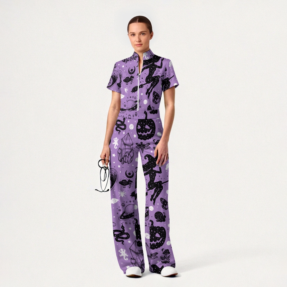 Women's Slim Fit Wide Leg Zip Neck Halloween Printed Scrub Jumpsuit SJ91743