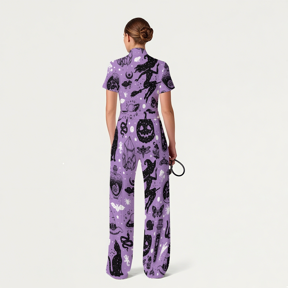 Women's Slim Fit Wide Leg Zip Neck Halloween Printed Scrub Jumpsuit SJ91743