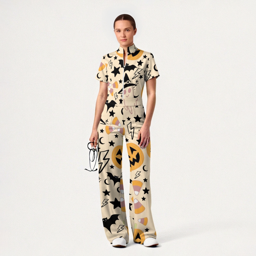 Women's Slim Fit Wide Leg Zip Neck Halloween Printed Scrub Jumpsuit SJ91744