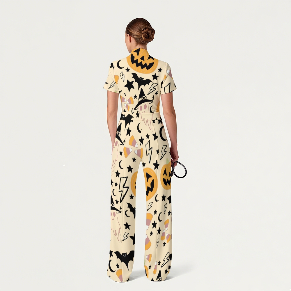 Women's Slim Fit Wide Leg Zip Neck Halloween Printed Scrub Jumpsuit SJ91744