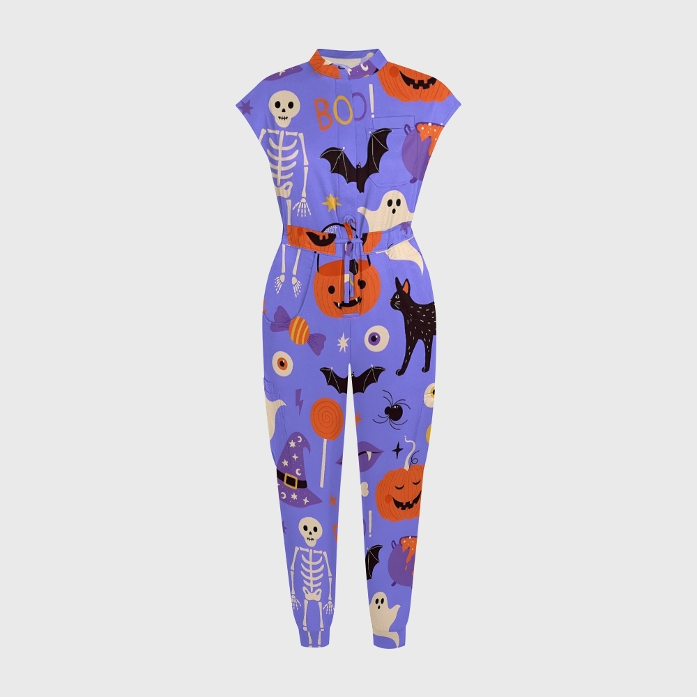 Women's Twelve Pockets Jogger Halloween Printed Scrub Jumpsuit SJ9175
