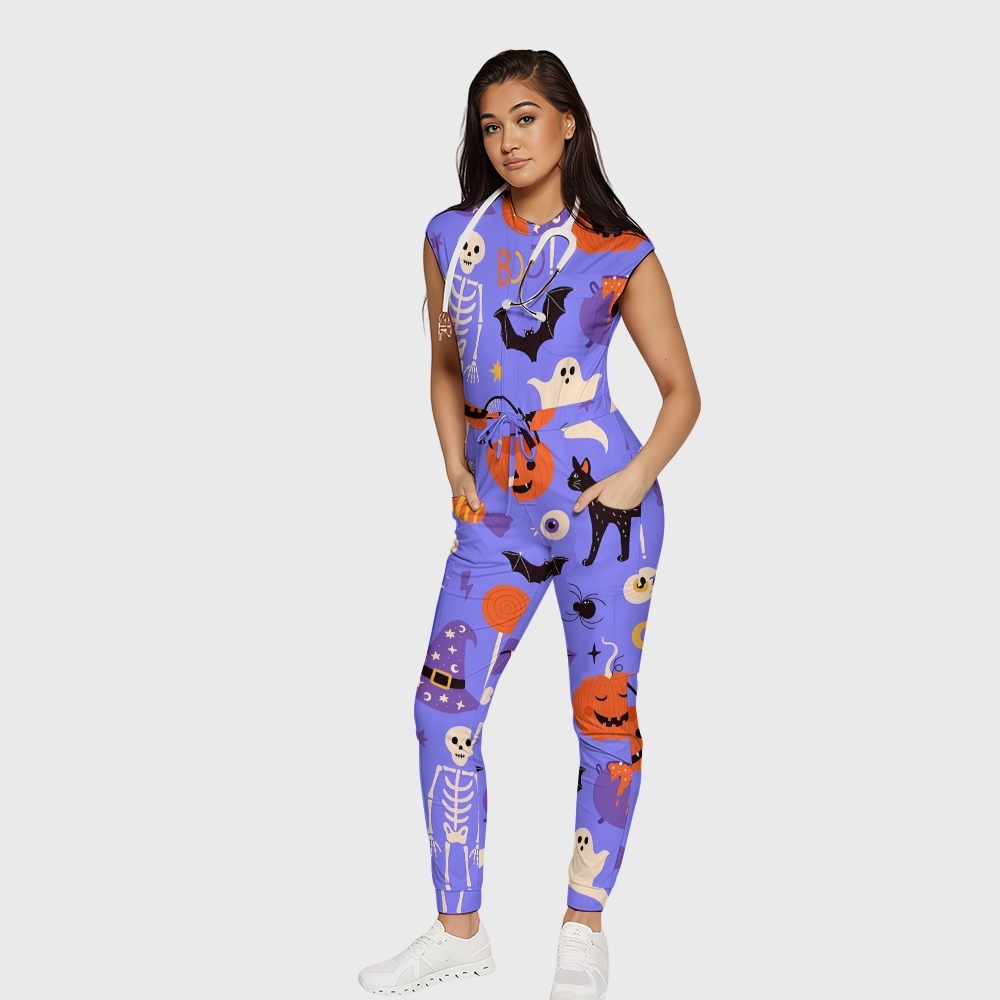 Women's Twelve Pockets Jogger Halloween Printed Scrub Jumpsuit SJ9175