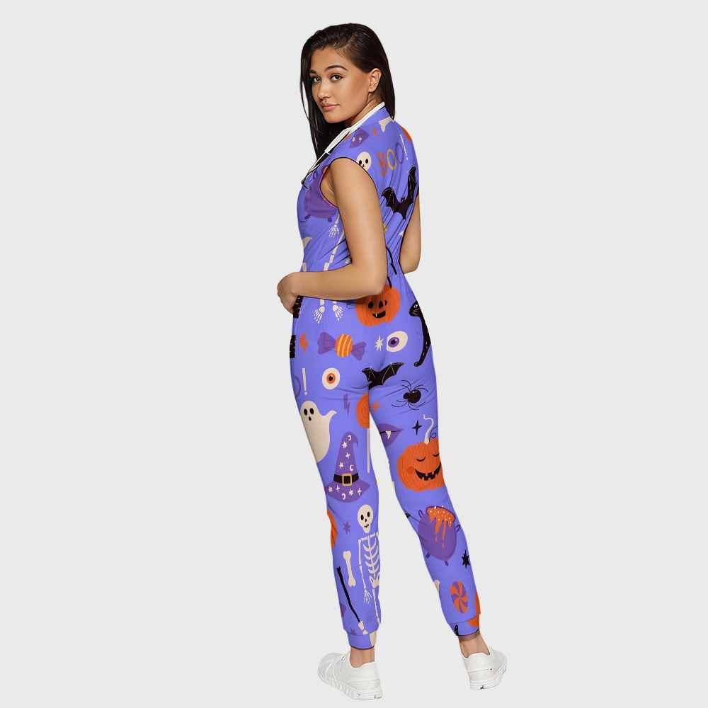 Women's Twelve Pockets Jogger Halloween Printed Scrub Jumpsuit SJ9175