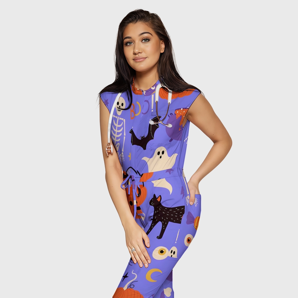 Women's Twelve Pockets Jogger Halloween Printed Scrub Jumpsuit SJ9175