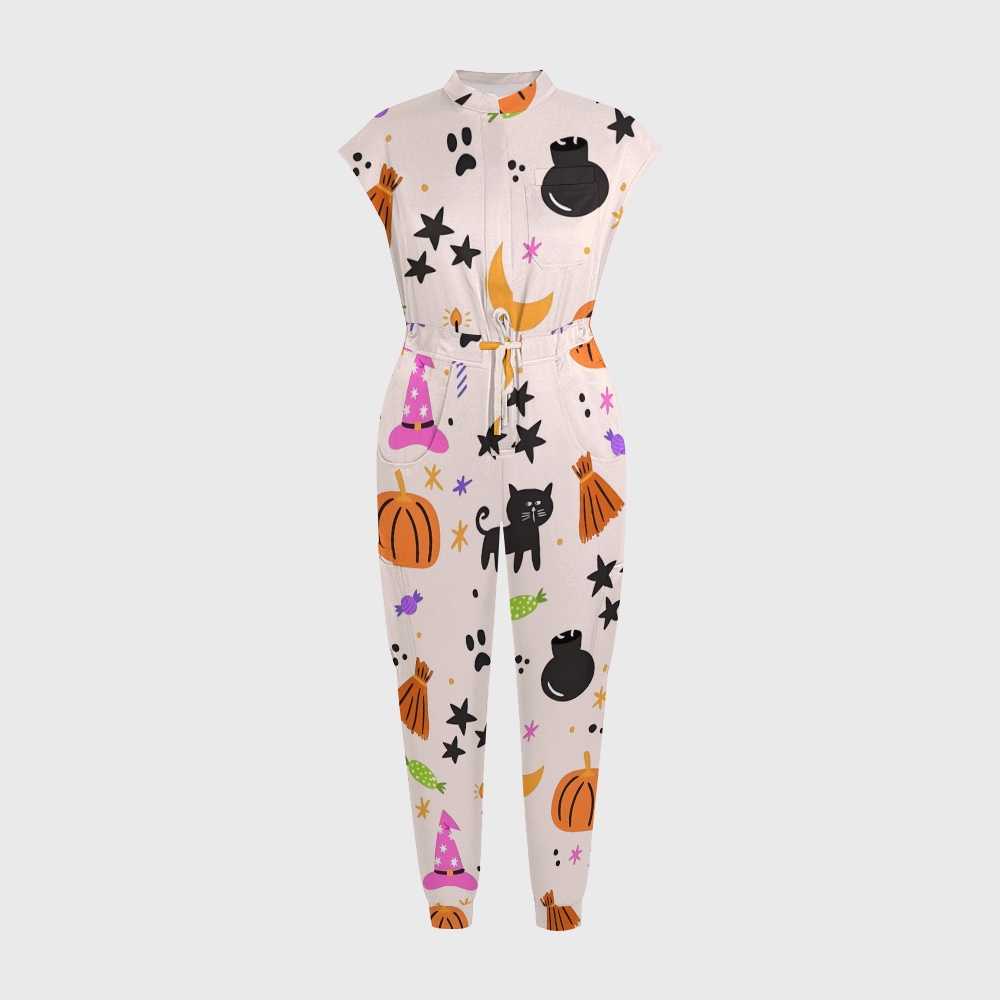 Women's Twelve Pockets Jogger Halloween Printed Scrub Jumpsuit SJ9176
