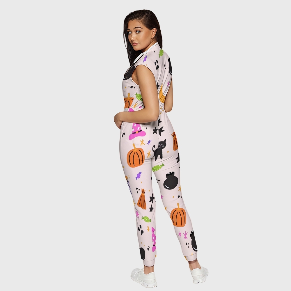 Women's Twelve Pockets Jogger Halloween Printed Scrub Jumpsuit SJ9176