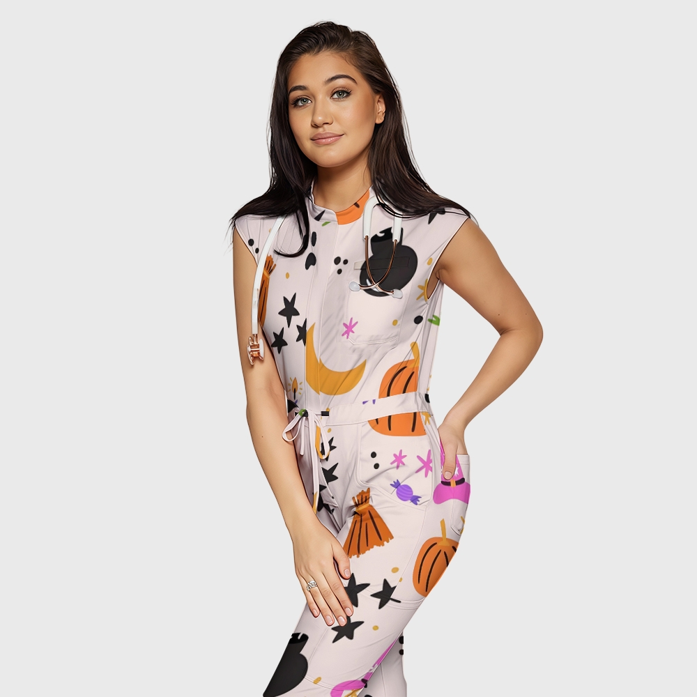 Women's Twelve Pockets Jogger Halloween Printed Scrub Jumpsuit SJ9176