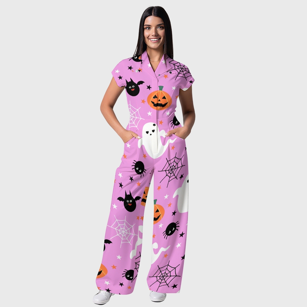 Women's Button-Up Halloween Print Scrub Jumpsuit SJ91721