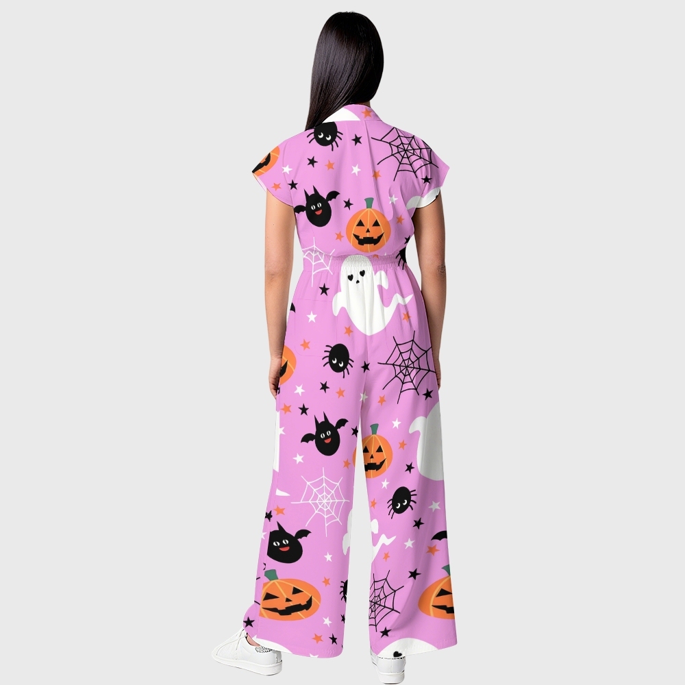 Women's Button-Up Halloween Print Scrub Jumpsuit SJ91721
