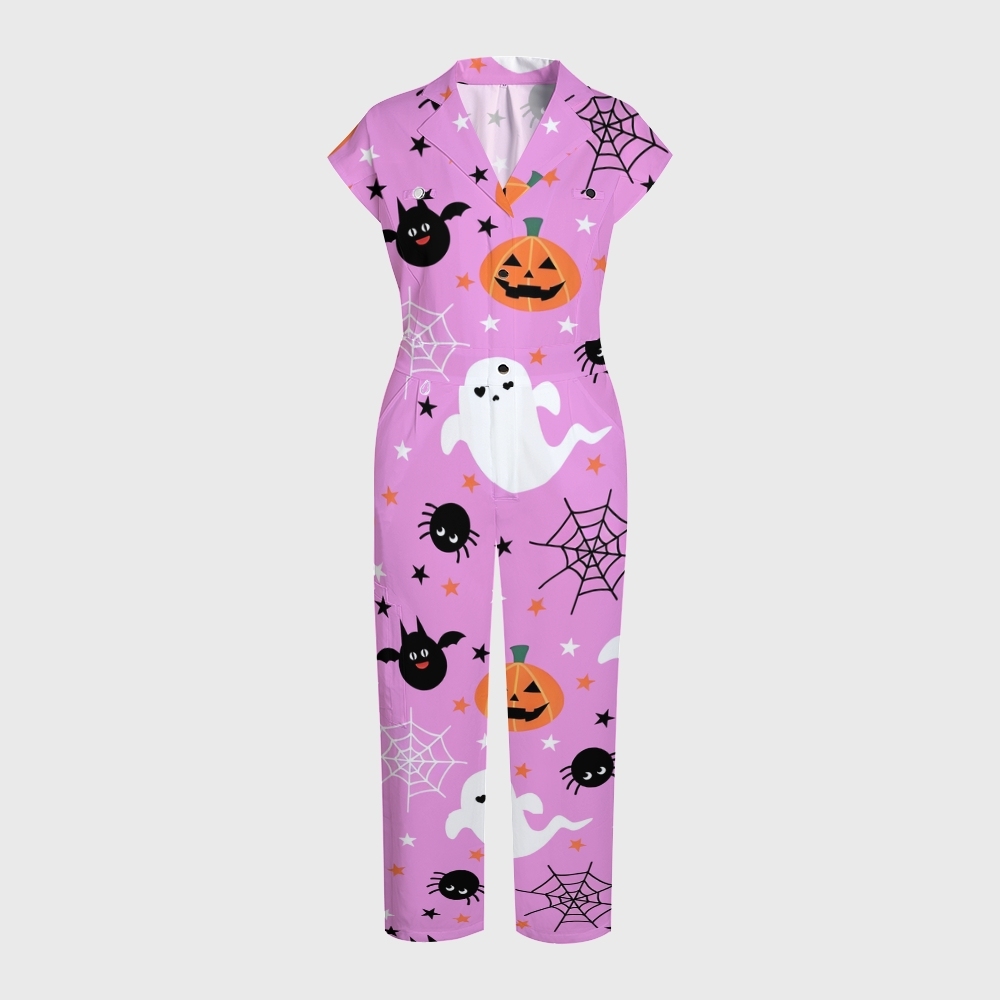 Women's Button-Up Halloween Print Scrub Jumpsuit SJ91721