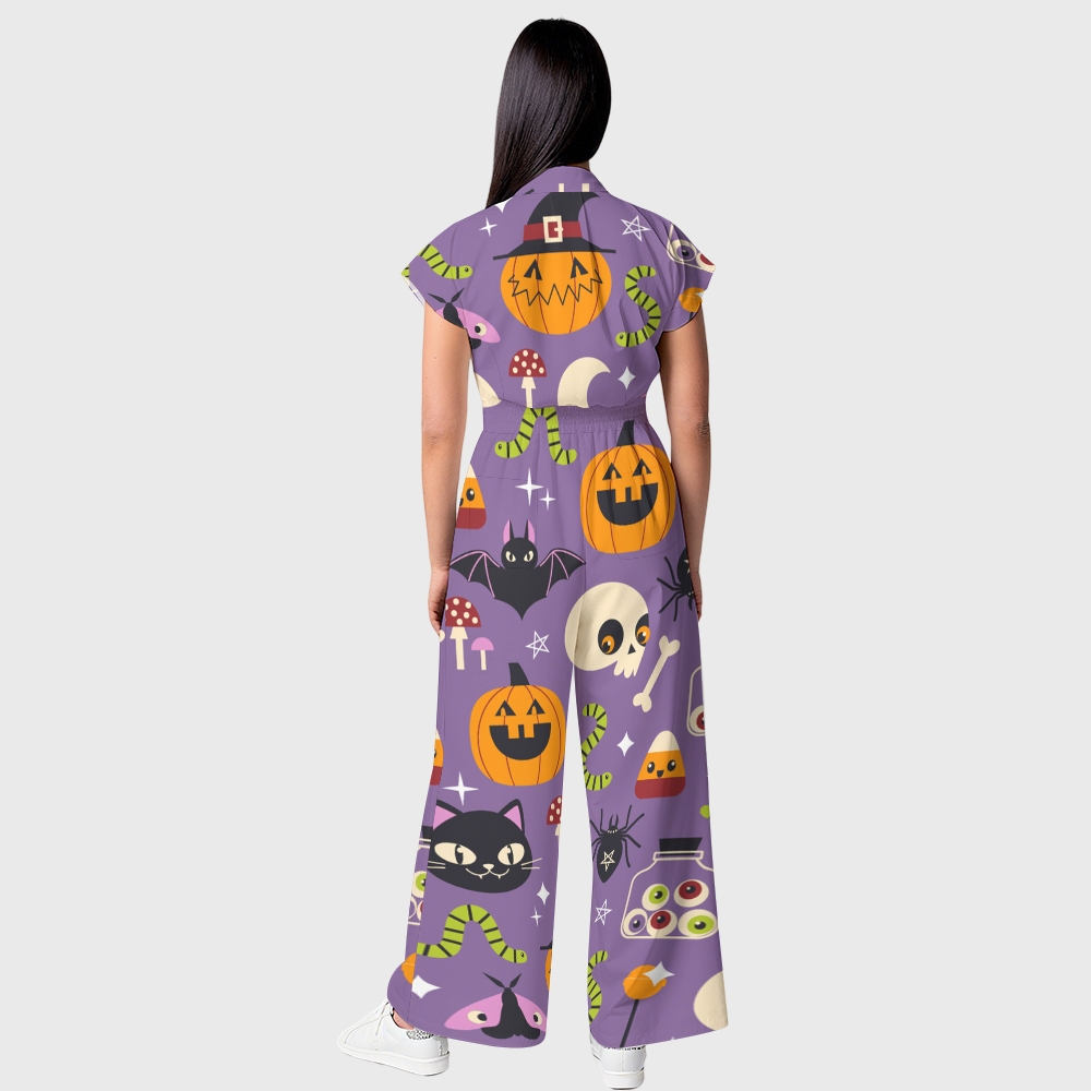 Women's Button-Up Halloween Print Scrub Jumpsuit SJ91723
