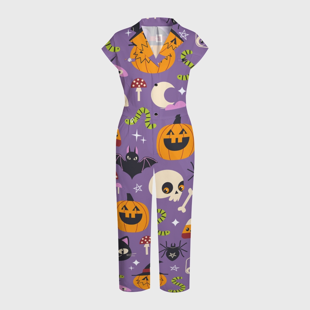 Women's Button-Up Halloween Print Scrub Jumpsuit SJ91723