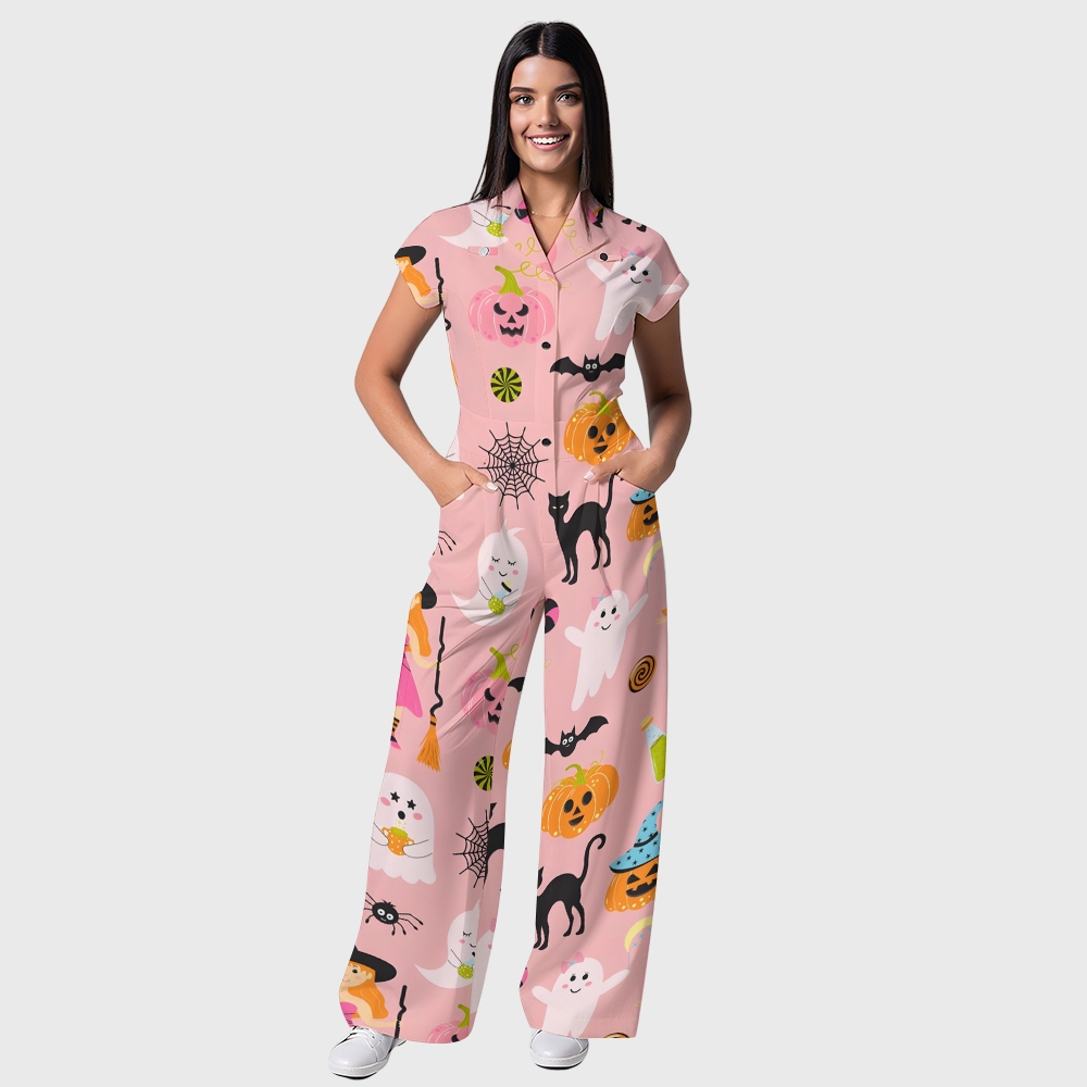 Women's Button-Up Halloween Print Scrub Jumpsuit SJ91724