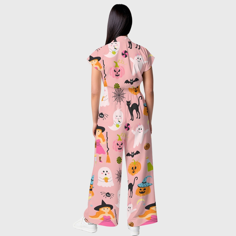 Women's Button-Up Halloween Print Scrub Jumpsuit SJ91724