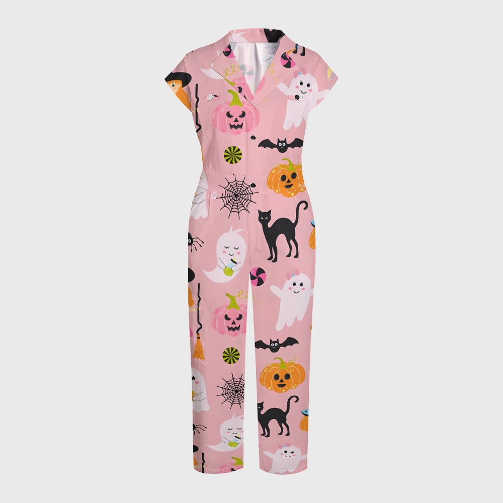 Women's Button-Up Halloween Print Scrub Jumpsuit SJ91724