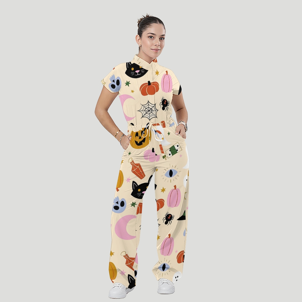 Women's Stand Collar Waist Tie Halloween Print Scrub Jumpsuit SJ91714