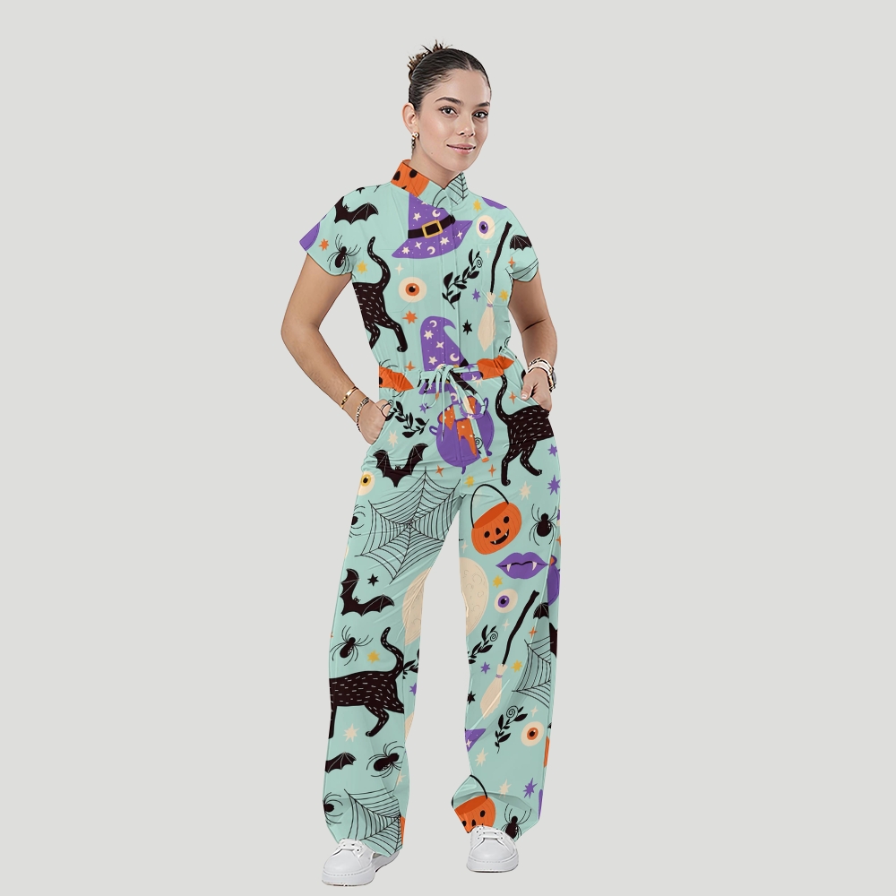 Women's Stand Collar Waist Tie Halloween Print Scrub Jumpsuit SJ91715