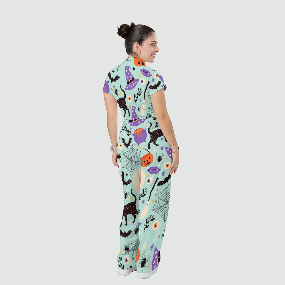Women's Stand Collar Waist Tie Halloween Print Scrub Jumpsuit SJ91715