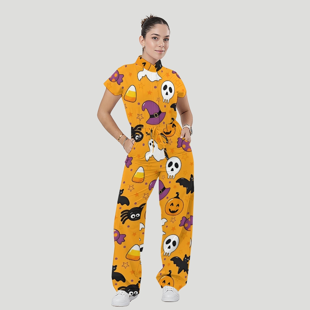 Women's Stand Collar Waist Tie Halloween Print Scrub Jumpsuit SJ91716