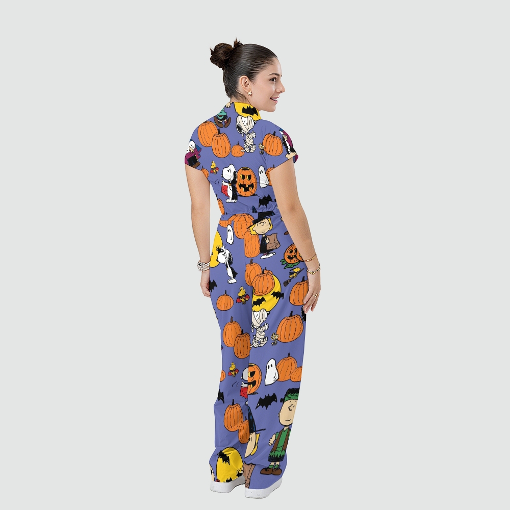 Women's Stand Collar Waist Tie Halloween Print Scrub Jumpsuit SJ91717
